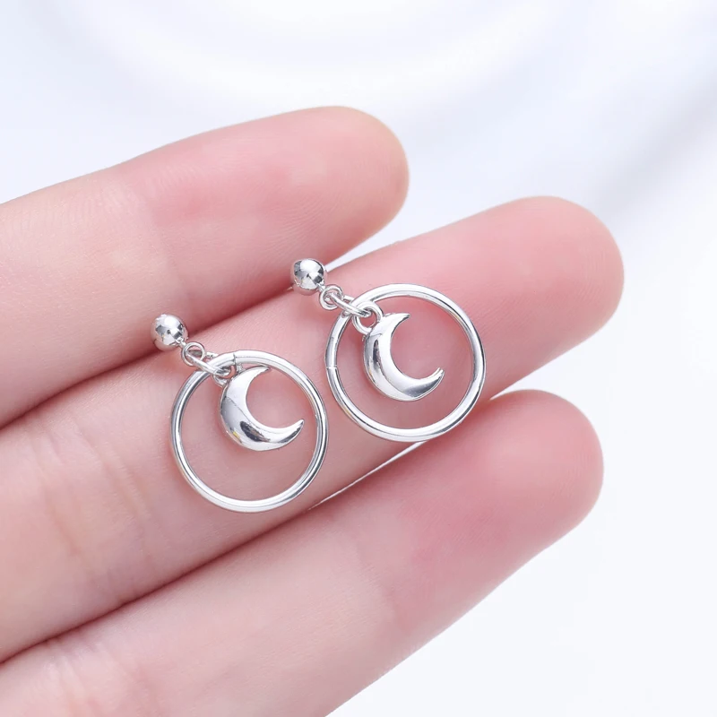 925 Sterling Silver Earrings Circles Moon Stud For Women Jewelry