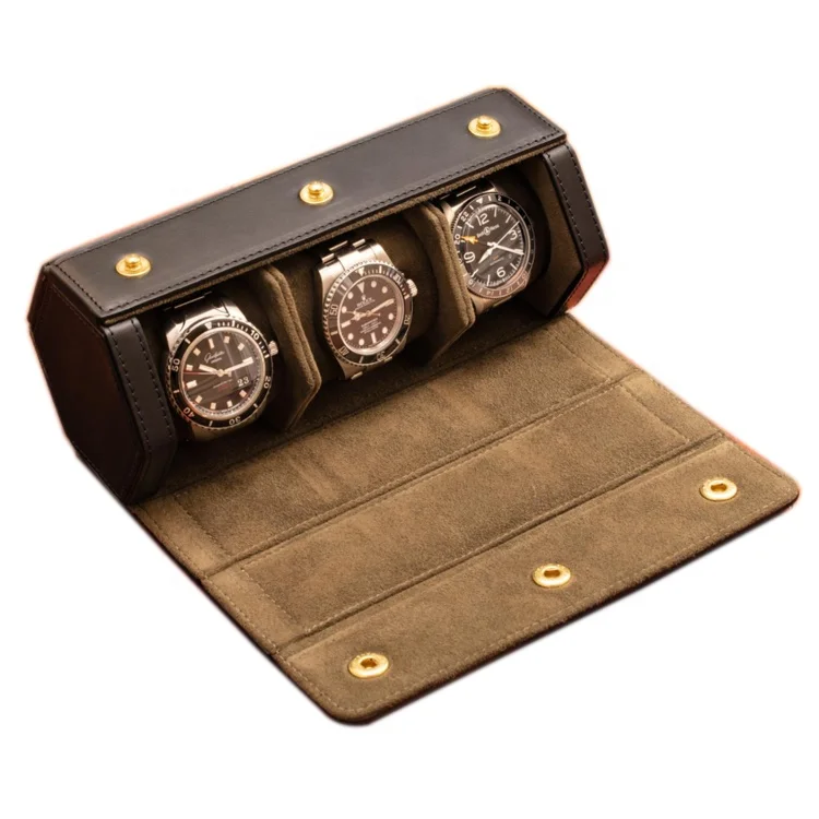 custom luxury pu real leather watch roll-dongguan pink store 3 slot case travel blue saffiano hexagon watch roll