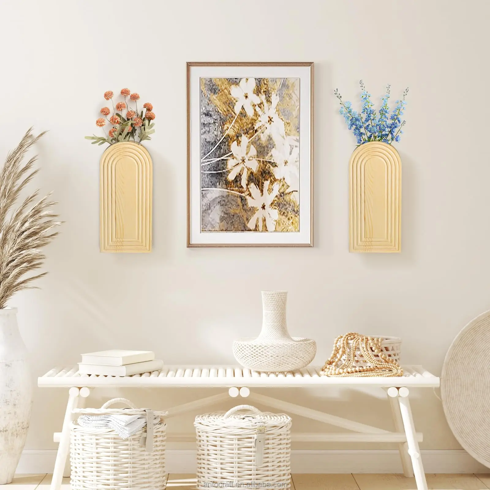 Wood Wall Planter Vase with Artificial Plants Indoor Plants Holder Pocket Farmhouse Wooden Vases Wall Flower Vase Hanging Plant