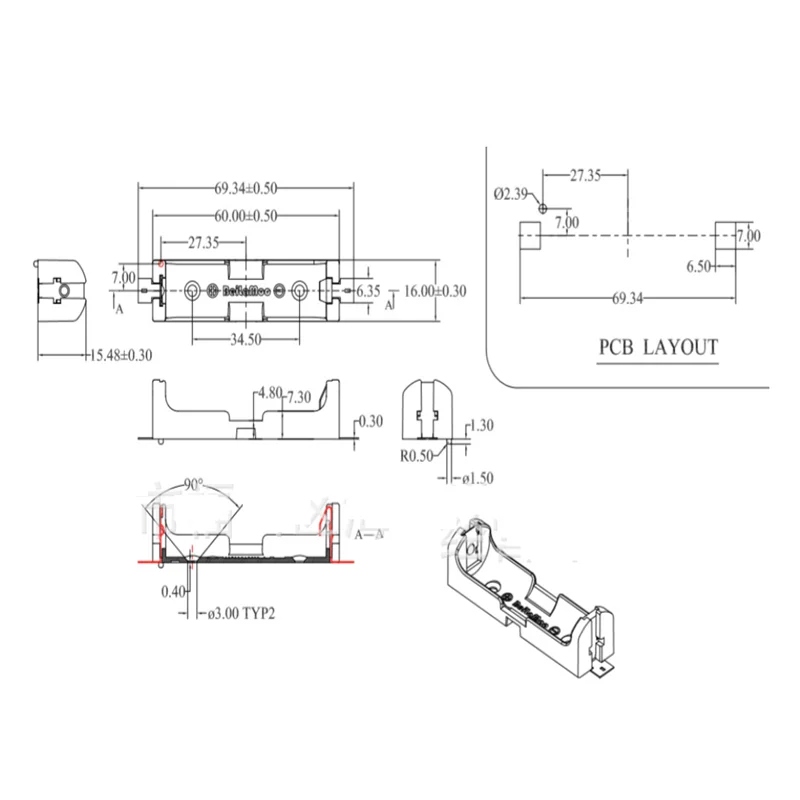 Single double AA battery SMT holder with gold plated and 14500 battery holder