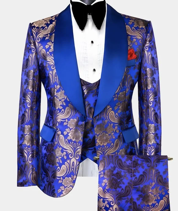 Custom Classic Wedding Men Tuxedo Deluxe Bronze Floral Royal Blue Tuxedo 3 Piece Men Suits
