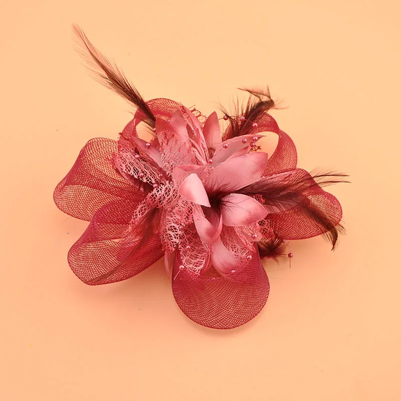 Retro Elegant Elastic Mesh Fascinator Multicolour Feather Broach Flower Clip  Wedding Accessories With Headband Girl clip