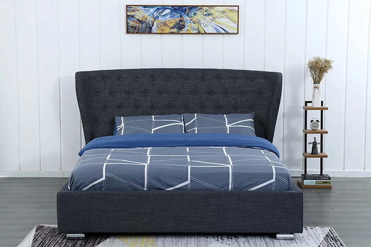 Willsoon furniture 1292G Wingback frame winged gray fabric bed with button european bed linen use