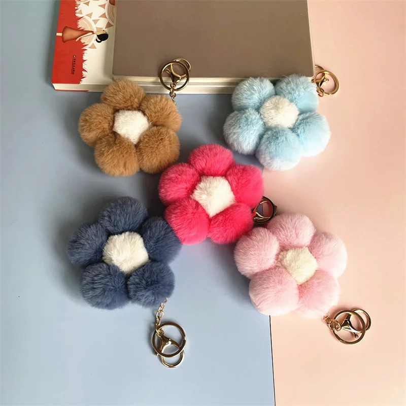New Korea Style Multicolor Large Fluffy Pom pom Key Ring Accessory Flower PomPom Fur Ball Keychain for Handbag Charm