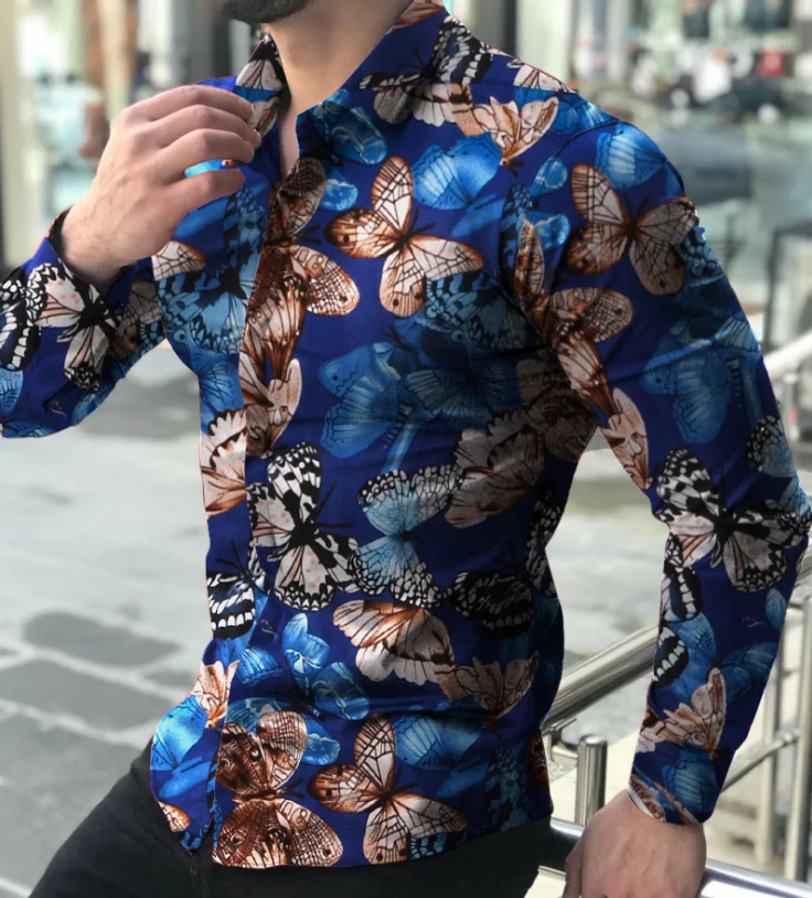 2021 wholesale slim fit man tops butterfly print shirts long sleeve men shirt