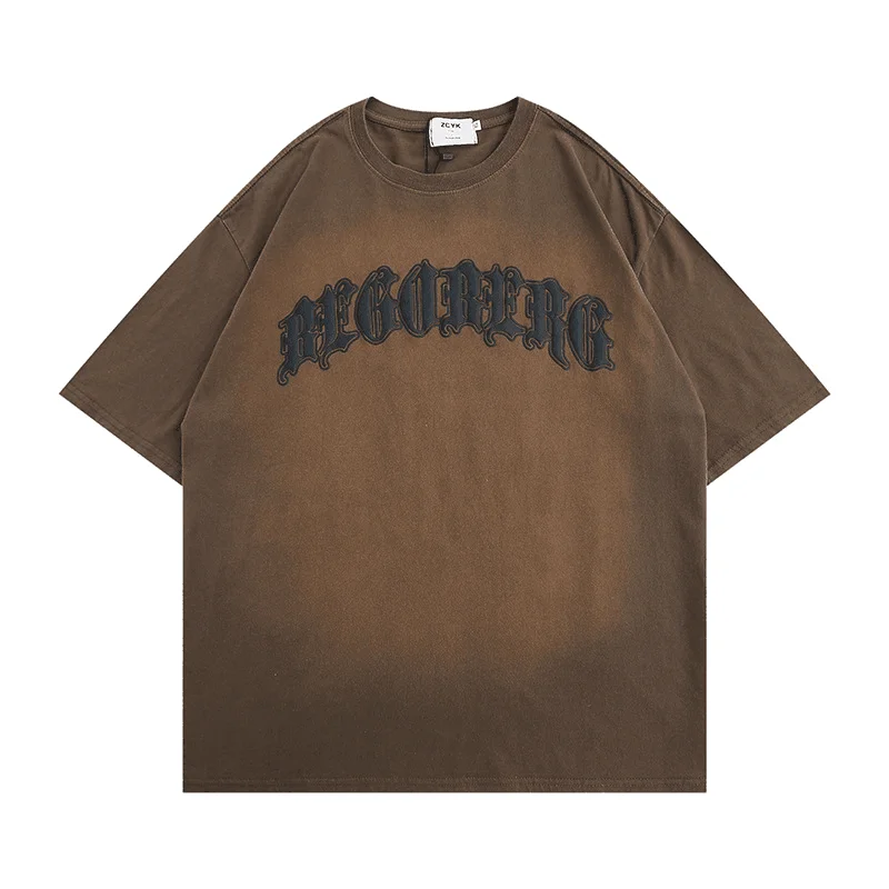 Custom Vintage Acid Wash T Shirt Oversized Drop Shoulder Designer Heavyweight Knitted O-Neck Logo Puff Printing Technique Fitted