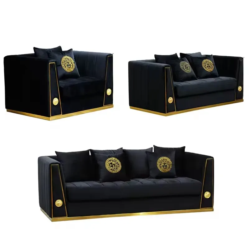 Italian luxury velvet fabric sectional 1 2 3 seater sofas set modern sofa couch sets living room furniture black and gold sofa