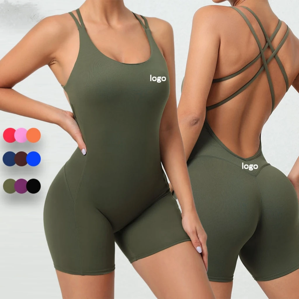 Custom logo wholesale Pleated Peach Butt No Embarrassment Line Yoga jumpsuit short Sports fitness jumpsuit women one-piece