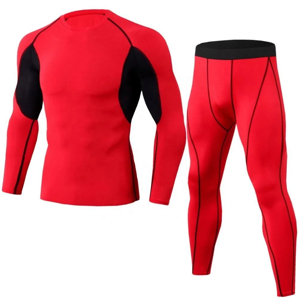Training Bodybuilding Sport 2 Piece Pants Compression Pants Long-Sleeve T-Shirt Compression Short Tights Men Set