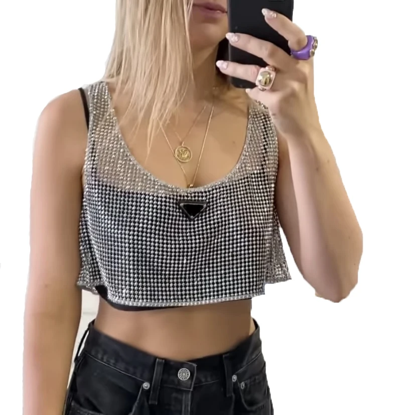 Shiny Women Sexy Vest Shining Diamond Hallowed Out Crop Tops for Ladies Girls Summer Shirts Hot Short Beach Party Tops