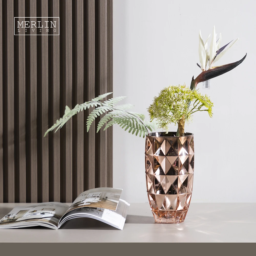 Зеркальная ваза из розового золота Merlin, роскошная стеклянная ваза с ромбовидным узором для цветов, ваза для домашнего декора