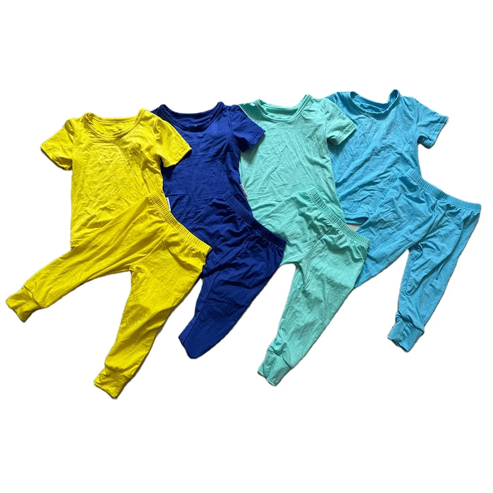boutique wholesale short sleeve solid bamboo two piece lounge set kids cotton set