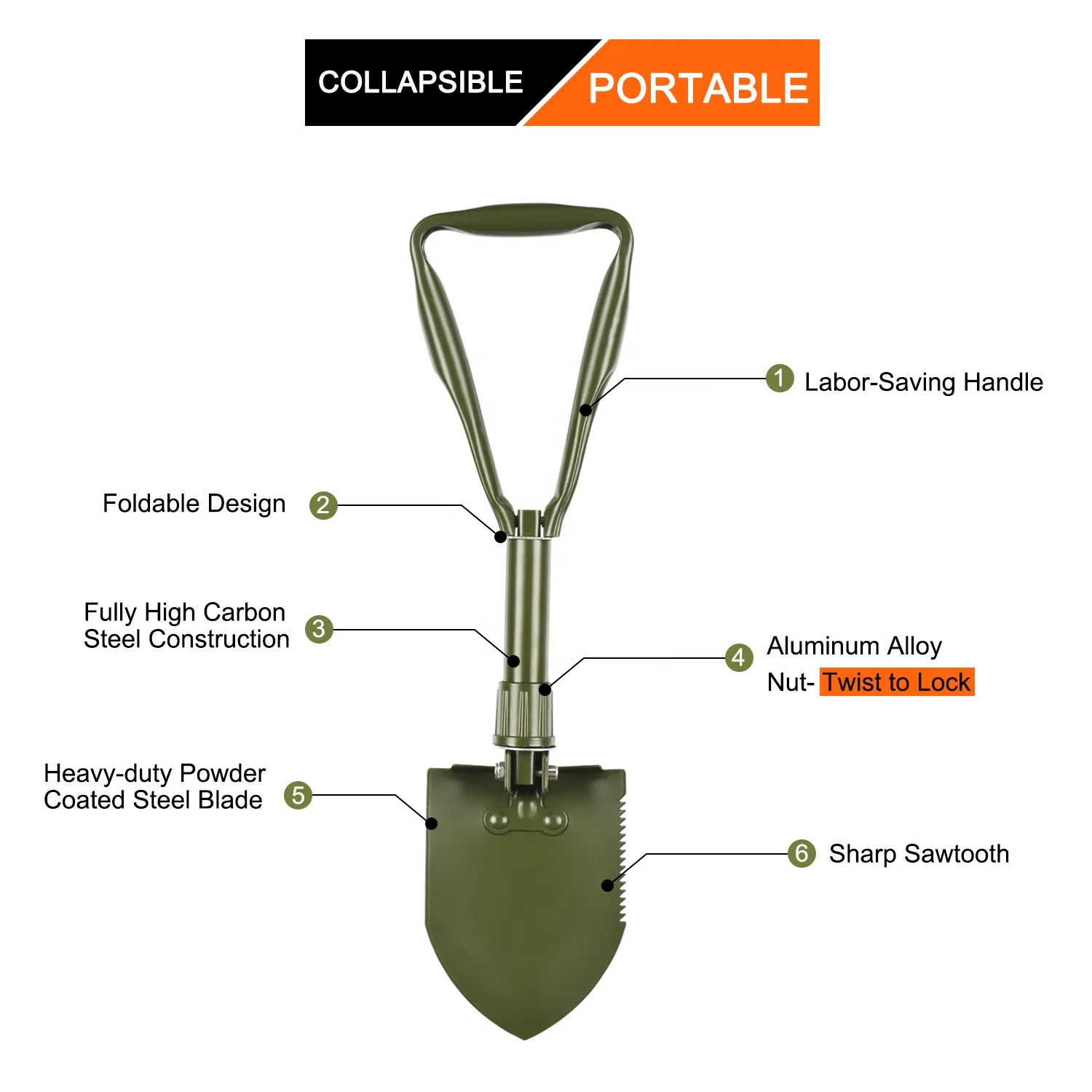 
Mini Tactical Military Collapsible Spade Shovel with Pouch for Camping, gardening 
