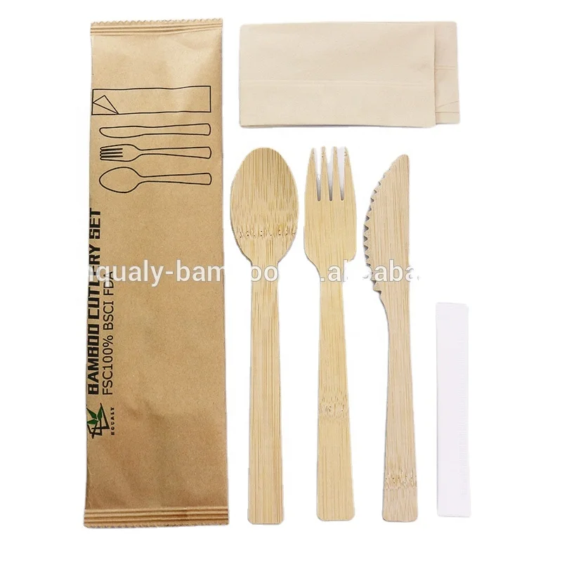 Wholesale bamboo cutlery set  disposable bamboo wood fork spoon knife set flatware set for restaurant