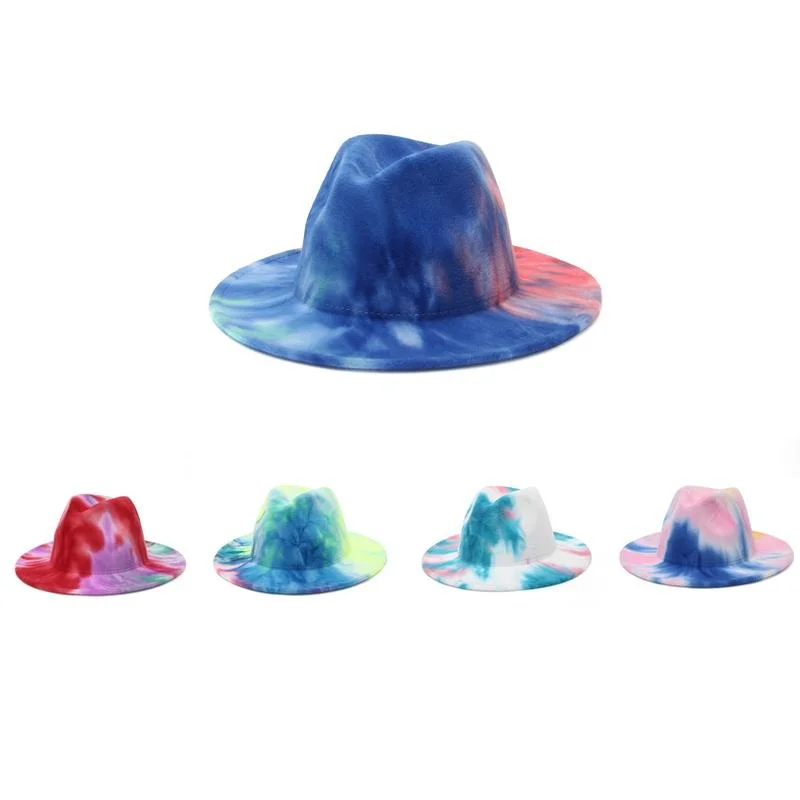 Fashion Wide Brim Fedoras for Men Women Autumn Winter Warm Felt Jazz Hats Tie-dyed Panama Hat
