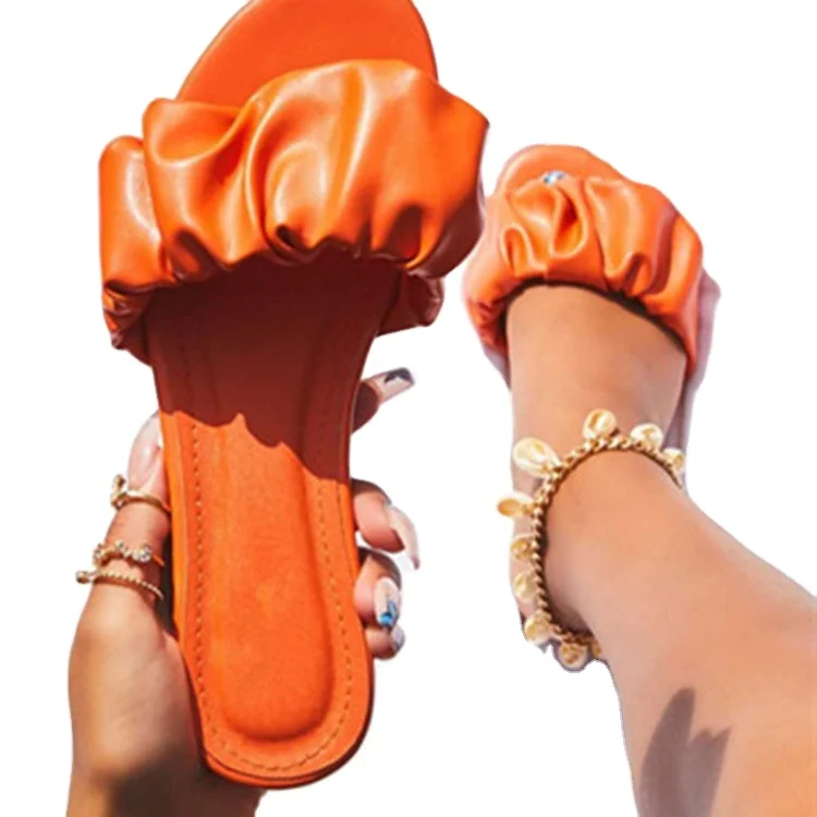 2021 Women Sandals Slippers Pleated Flip Flop Casual Beach Square Open Toe Shoes Outdoor Slippers Hot Female Soft Slides