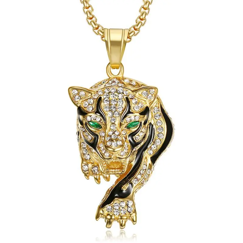 New Hip Hop Hiphop Jewelry Titanium Steel Gold Plated Diamond Leopard Head Pendant Necklace