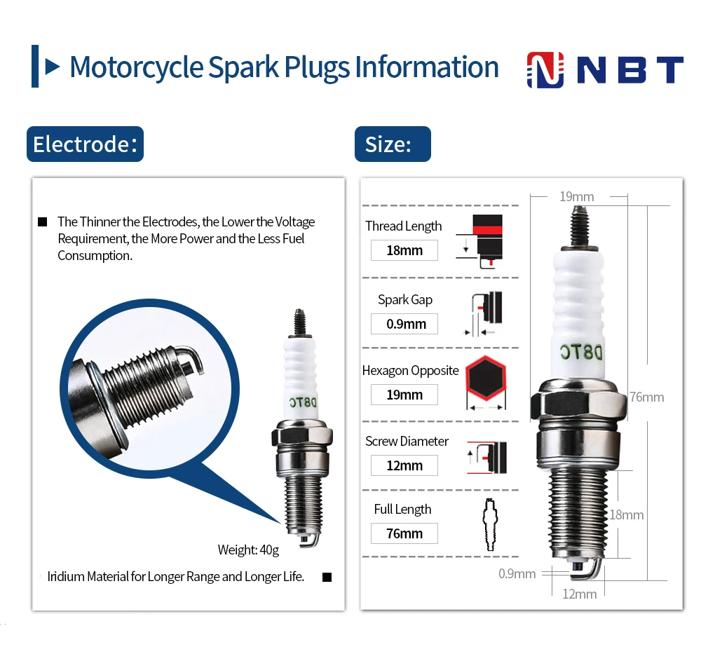 NBT Fast Delivery Wholesale D8TC Spark Plug Motorcycle High Temperature Nickel OEM Spark Plugs for Honda,Yamaha,Suzuki Motorbike