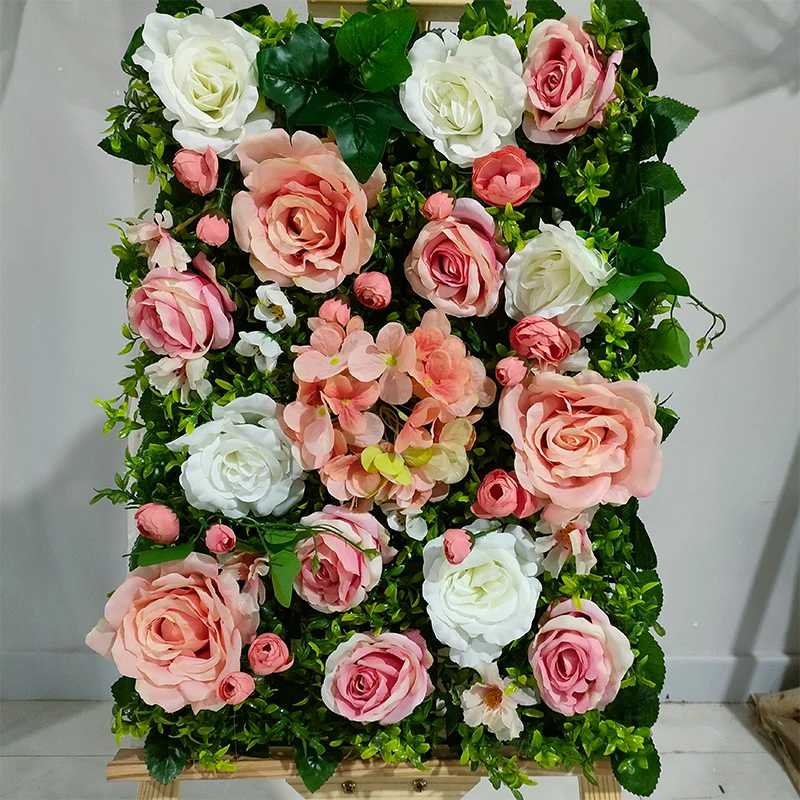 Latest Design Decoration Red Peach Rose Hydrangea Artificial Flower Backdrop Floral Wall Panel Roll up for Wedding