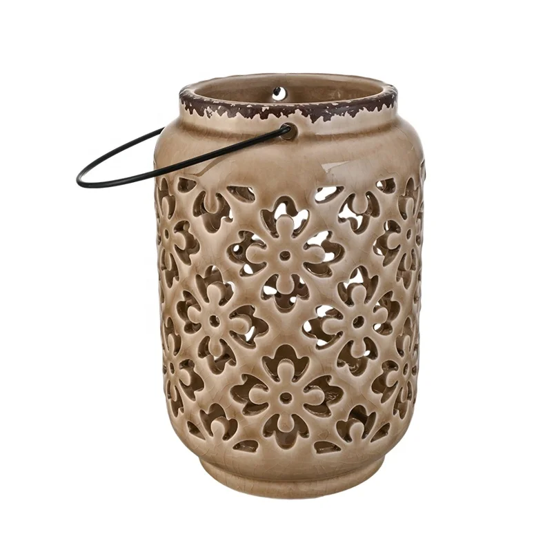 EAGLEGIFTS Custom Design Vintage Rustic Hollow Ceramic Candle Lantern Nordic Small Pottery Container Candle Holders Decorative