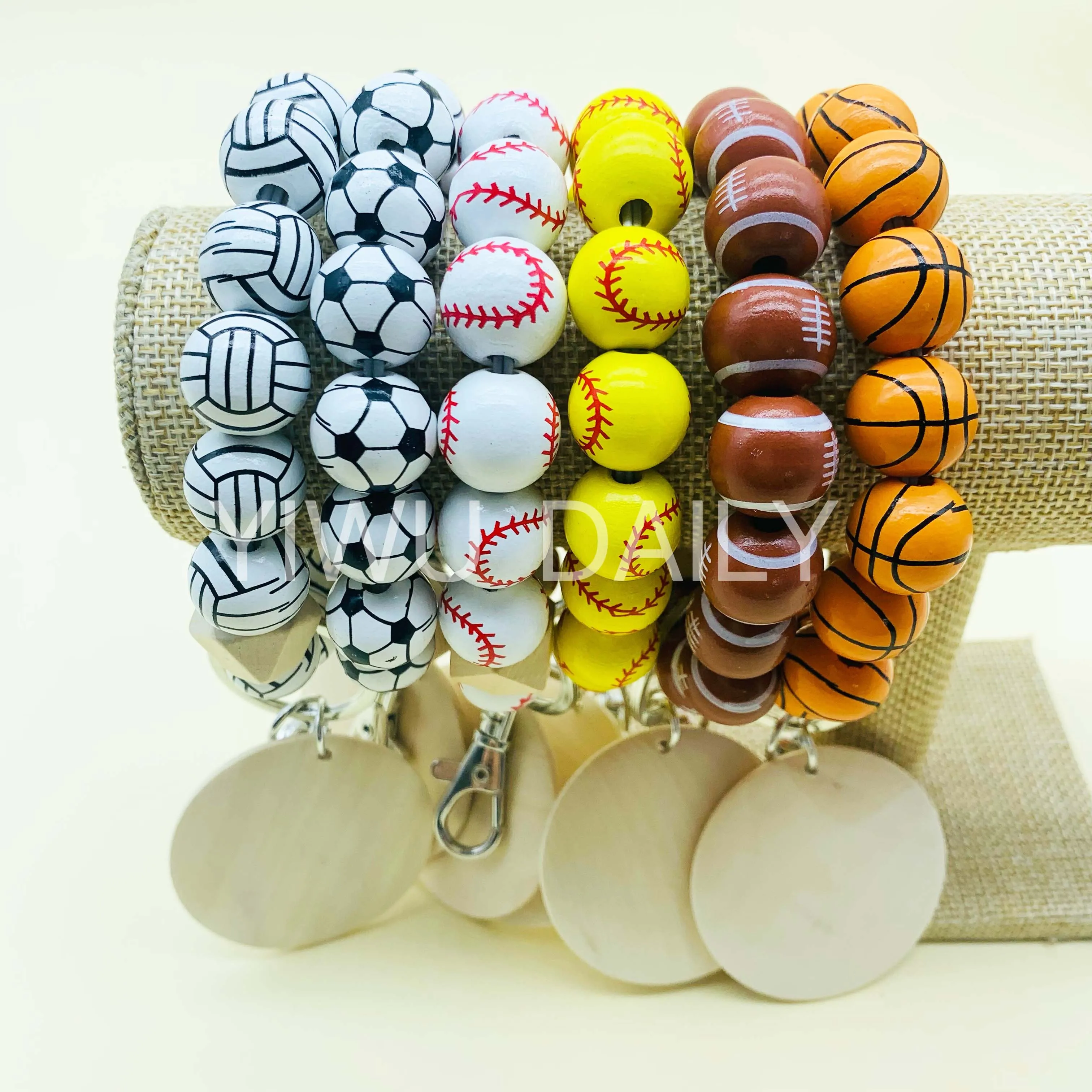 Custom Baseball Sporty Wristlet Key Ring Wood Disc Rugby Football Basketball Wooden Beaded Bracelet keychain