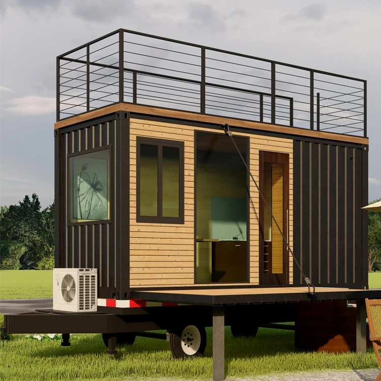 Wood and steel two story container house with trailer manufacture
