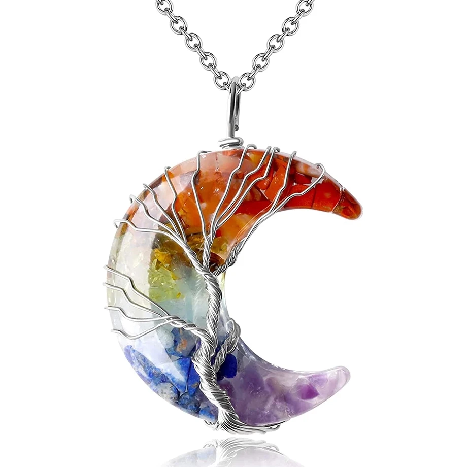 CSJA Handmade Tree Of Life Wire Wrapped 7 Chakra Gravel Resin Crescent Moon Natural Healing Crystal Stone Pendant Necklace G931