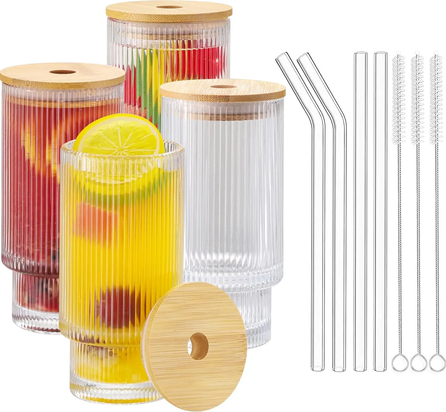 Wholesale 4-pack Vintage Ribbed Glass Drinking Cups With Bamboo Lids and Glass Straws Set of 4 Ribbed Glass Cups with Straws