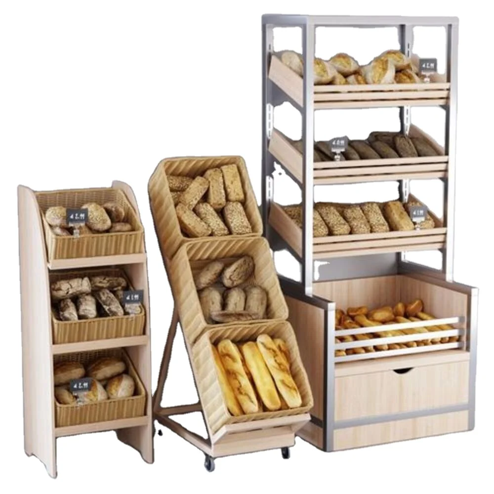 Concise Stylish Multilayer Movable display stand wood and metal wire display rack for cupcake bread boutique retail store shop