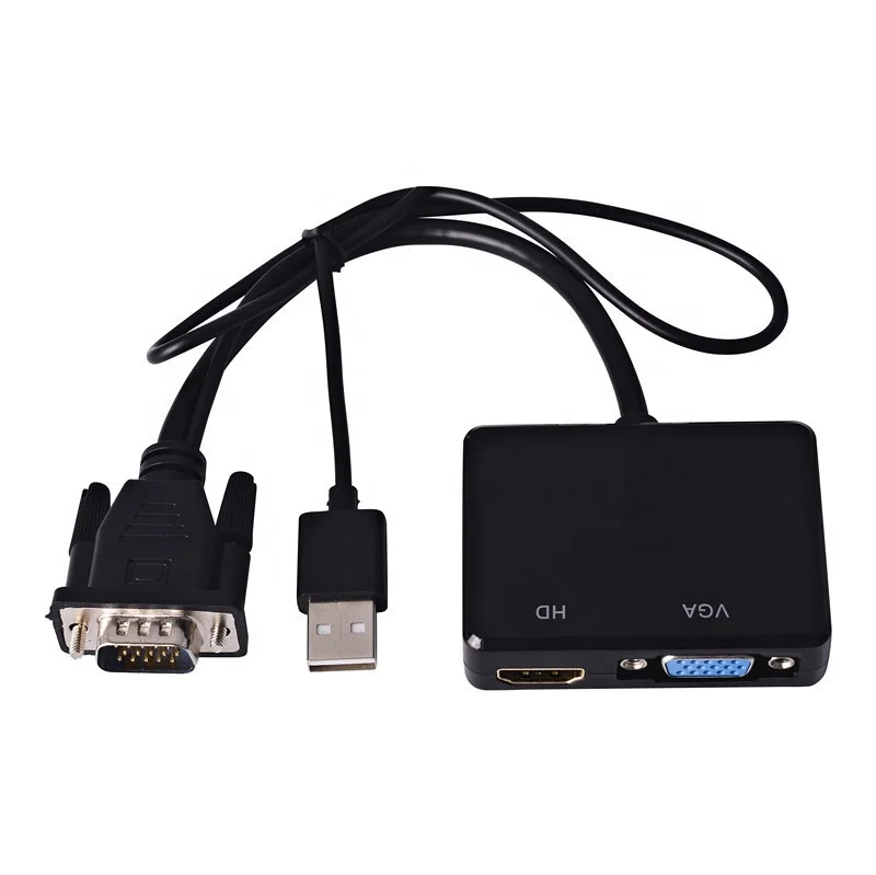 Dual Display 1080P VGA to HD+VGA Splitter Converter with Charging Cable and 3.5mm Audio Cable
