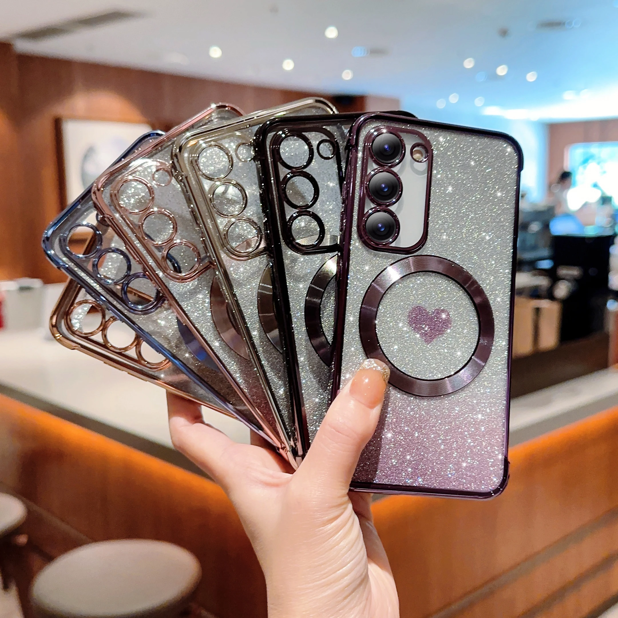 Plating Edges Heart Bling Paper Soft TPU Case for Samsung Galaxy S21 S22 Plus S23 Ultra Magnetic Wireless Charging Magsafe Cover