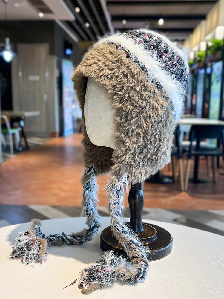 Striped Pattern Knitted Plush Beanie Cap Warm Thickened Women Hat Lady Beanie