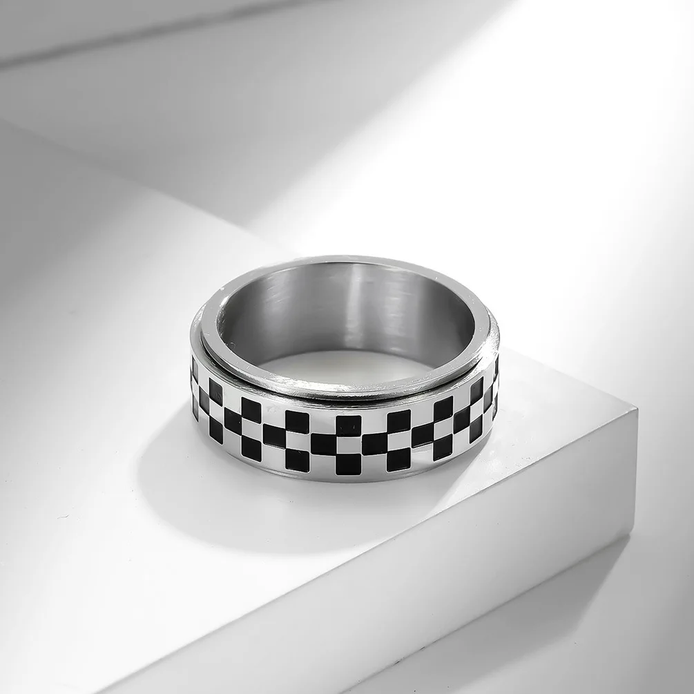 High Quality 8mm Stainless Steel Black and White Check F1 Racing Rotatable Fidget Band Anti Anxiety Stress Relief Spinner Rings