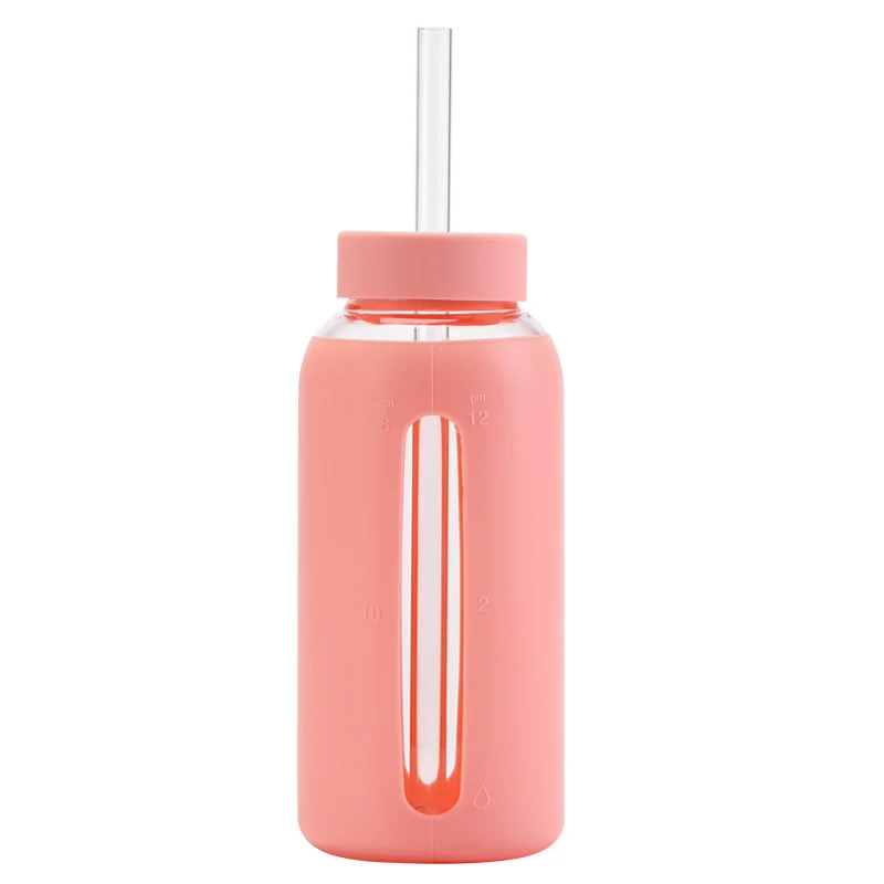 Glass Water Bottle with Time Marker, Water Bottle with Silicone Sleeve and Straw, Reusable Glass Water Drinking Bottles