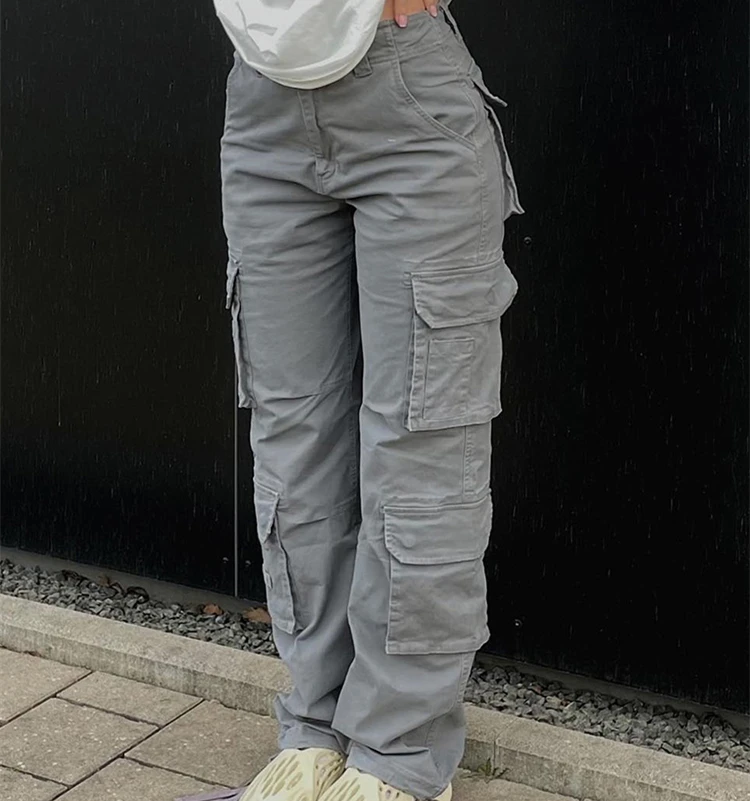 Fashion 90s Streetwear Pockets Wide Leg High Waist Straight Y2k Denim Trousers Vintage Cargo Pants Baggy Jeans Women