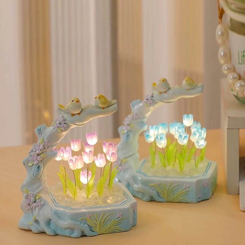 New Arrival Romantic Flower Bird DIY LED Tulip Night Lights Bedroom Bedside Lamp Moon Tulip Home Desktop Decor Lamp for Gift