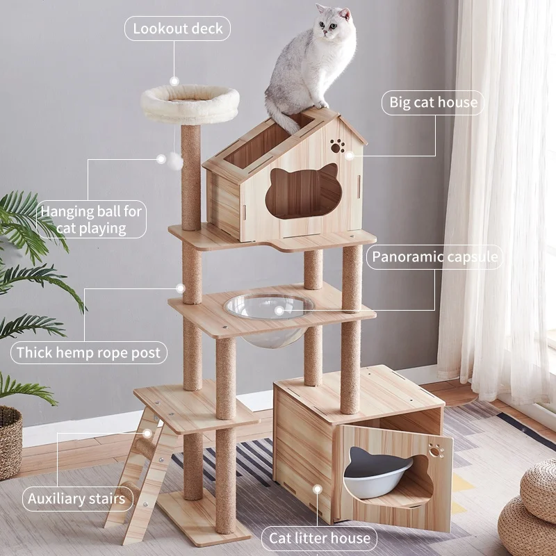 Medium-sized indoor wooden cat condo spire cat house, platform, sisal scratching post with cat litter box luxury cat tower tree