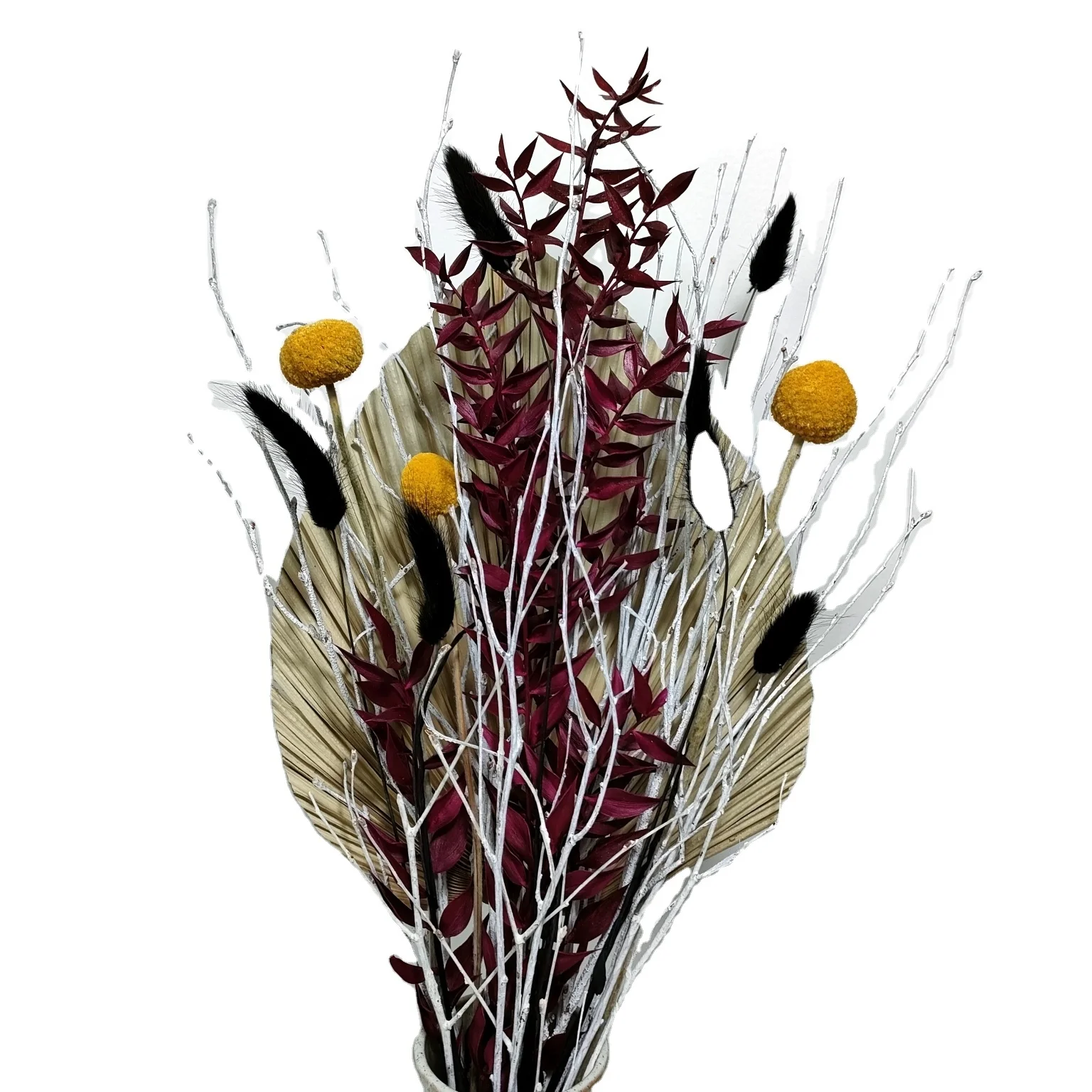 Dried Natural Flower bouquet Palm Leaves, Birch Branches, Bunny tails grass, Yellow Billy Balls,Home Decoration Amazon choice