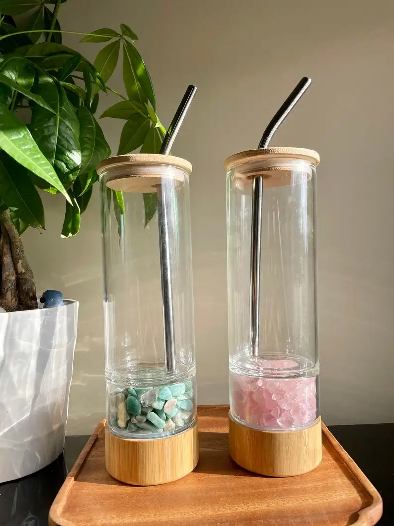 New Style Crystal Water Bottle Quartz Chips Glass Tumbler Cup With Metal Straw