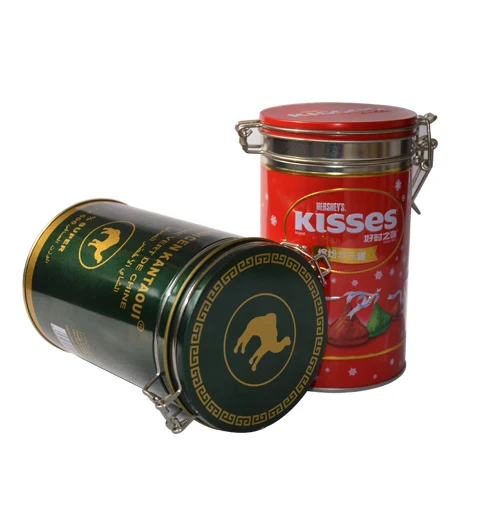 Customised airtight metal hinged latch lid round coffee tea tin can canister with clip lock