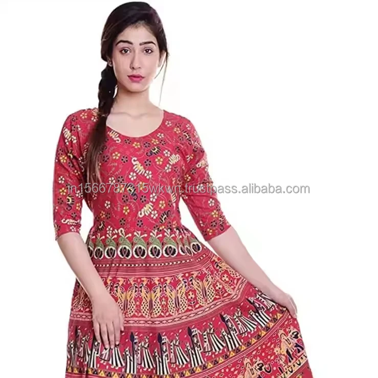 New Wholesale Boho Hippie Style Indian Cotton Summer Handmade Ball Gown Women Casual Party Wear Low Price Mid-Length Midi Gown