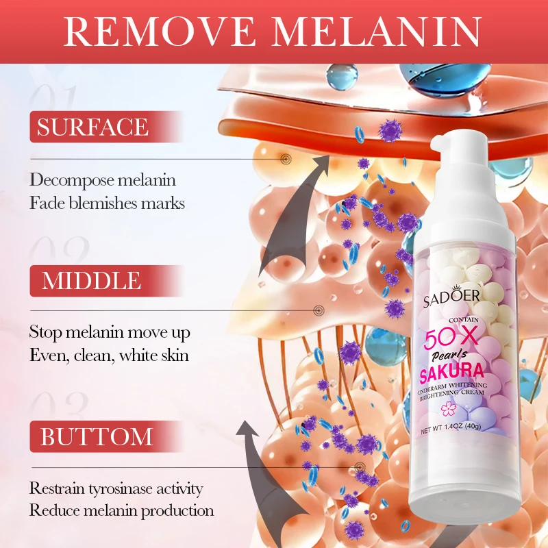 SADOER Wholesale 40g Beauty Cherry Blossom Pearl Lightening Armpit Whitening Cream Underarm Skin Whitening Cream For Dark Skin