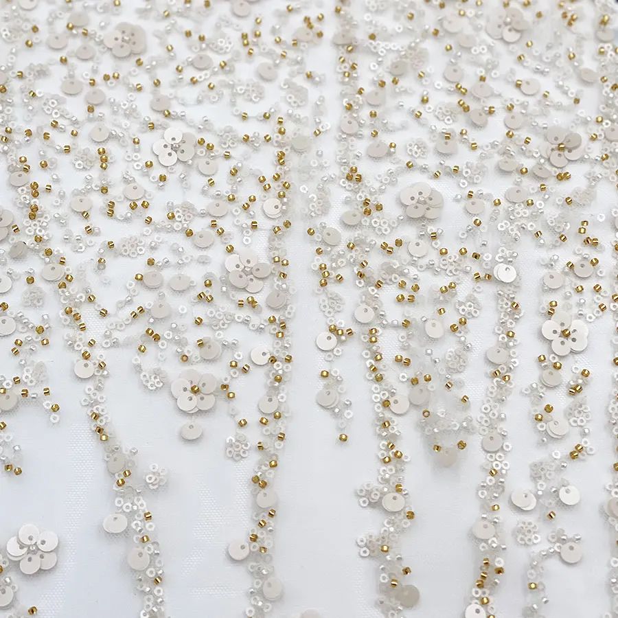 Wholesale luxury full polka dots colorful mesh gold beads lace fancy diamond tulle embroidered bridal dress sequin fabric