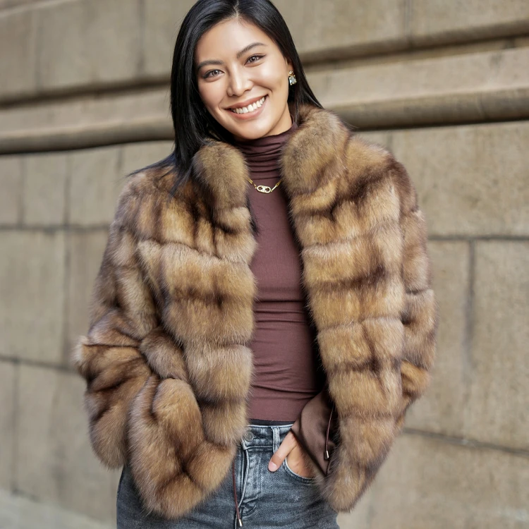 Luxury Real Russian Sable Fur Coat Winter Warm Long Sleeve Standing Collar Mink Coat With Pocket