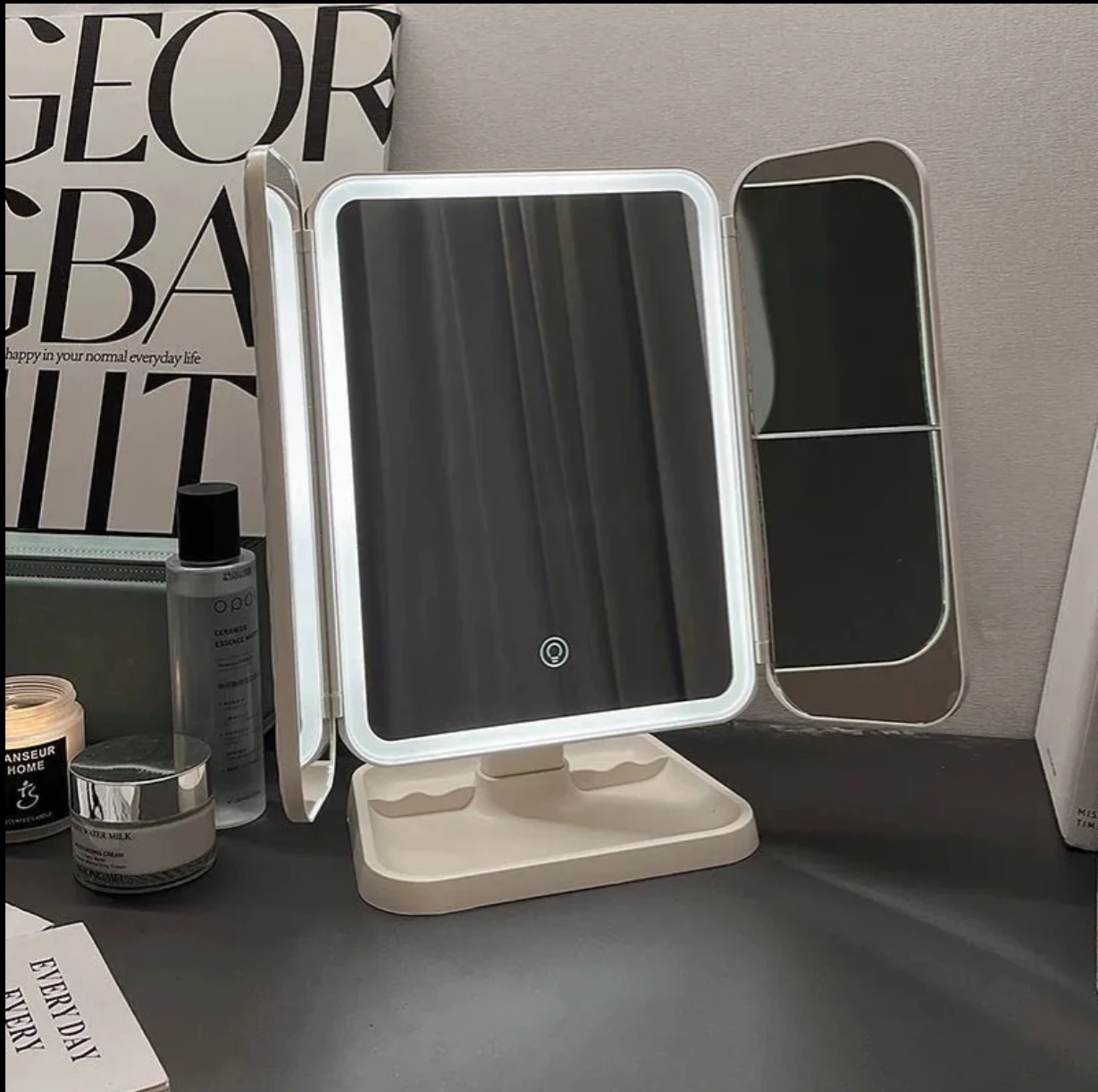 Desktop led cosmetic mirror storage box two-in-one shell three-sided folding dressing mirror adjustable mirror