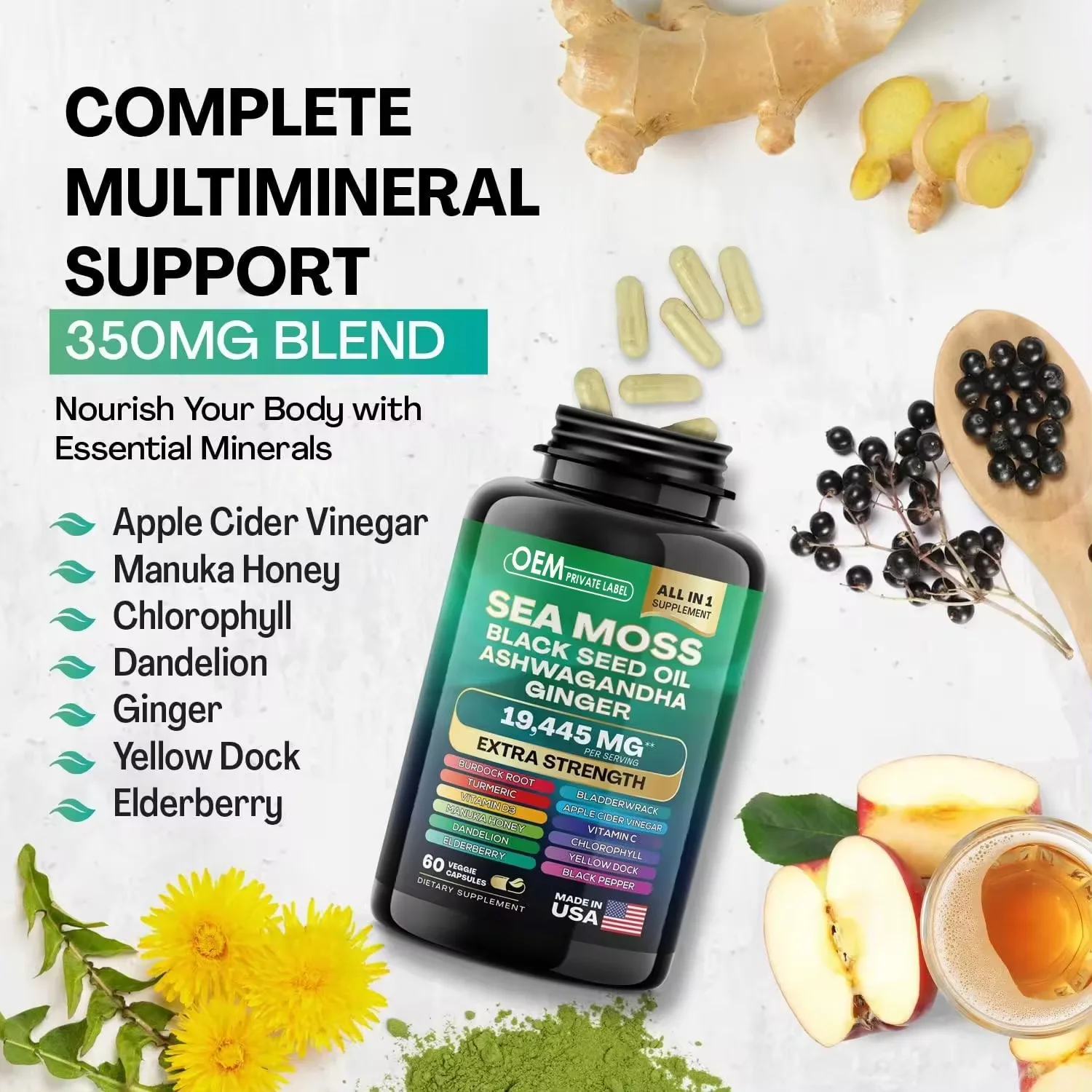Oem Odm Zeemos Capsules Supplementen Zwarte Zaadolie Ashwagandha Kurkuma Blaas Klit Complex Seamoss Capsule