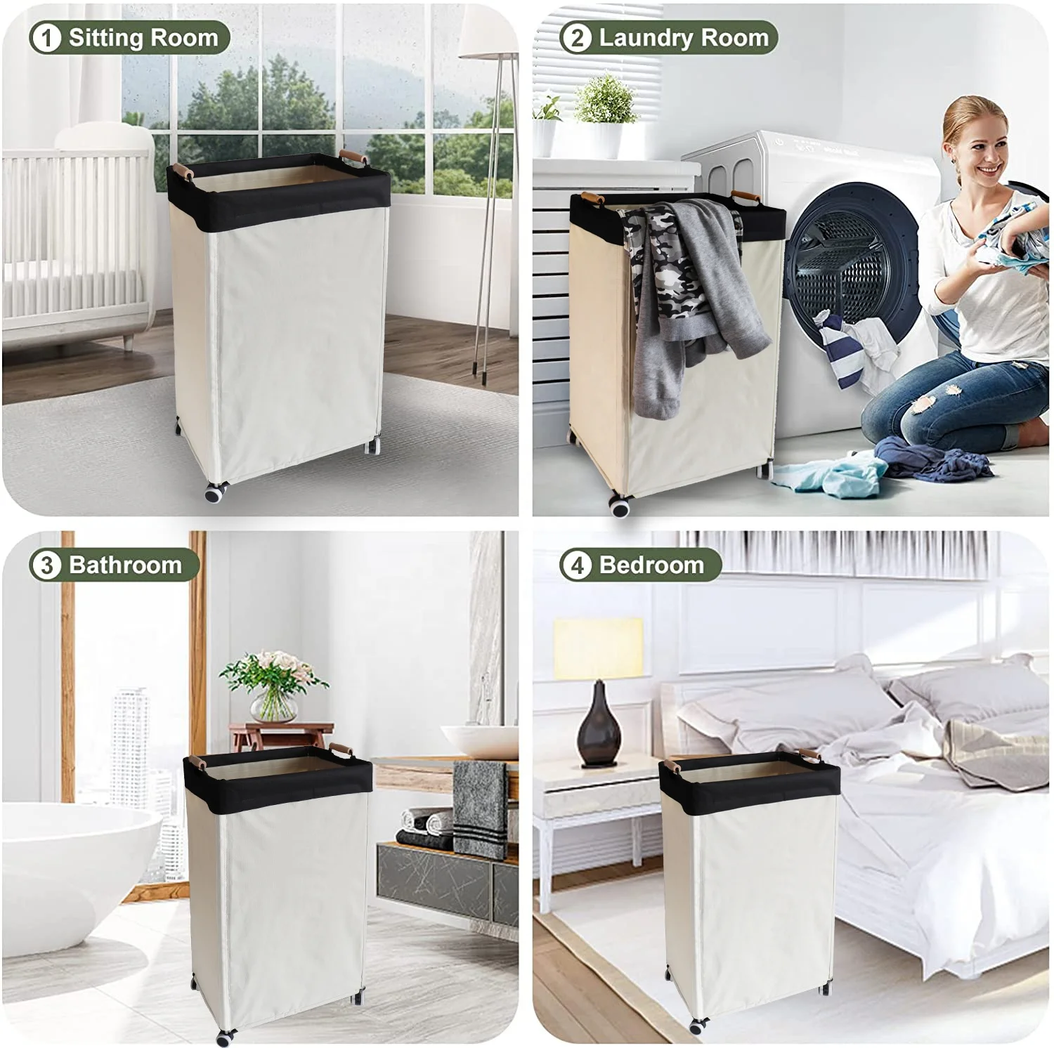 Laundry Basket With wheels Large disassembly Laundry Hampers with Wooden Handles Metal frame 	 home storage & organization