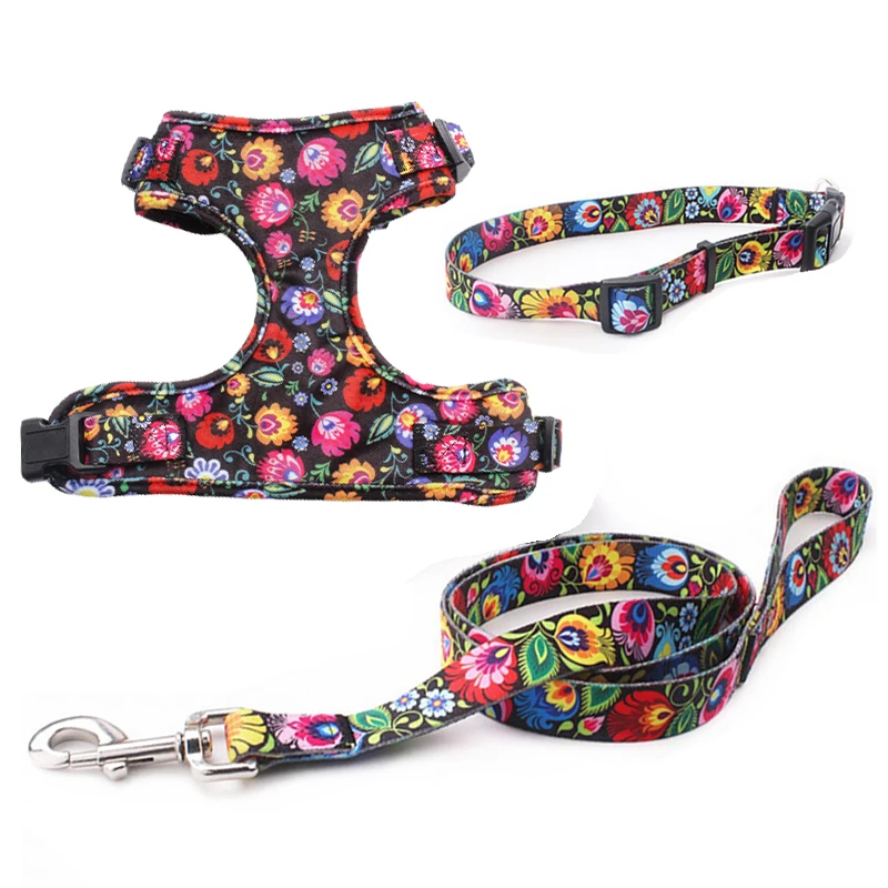 Corduroy Adjustable Custom Pet Dog collar Leash Harness Set Heavy Duty Velvet Corduroy Collar Cute Flower Puppy  Leash Harness