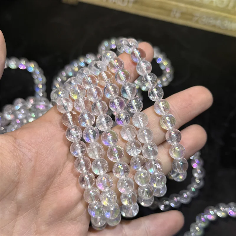 Wholesale Natural Crystal 8mm Round Beads Gemstone  Angel Arua Clear White Quartz Crystal Bracelet for Gift