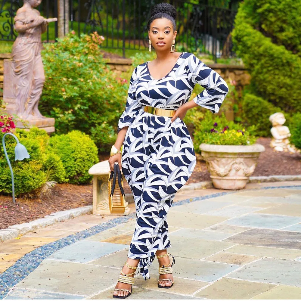 fall 2021 women clothes Long-sleeved Geometric pattern printing casual loose wide-leg one piece jumpsuits women